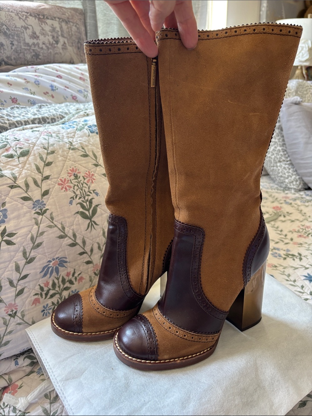 DOLCE & GABBANA - Tan and Brown Suede & Leather Heeled Mid-Calf Boots Size 36